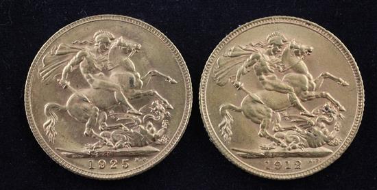 Two George V gold full sovereigns, 1912 & 1925.